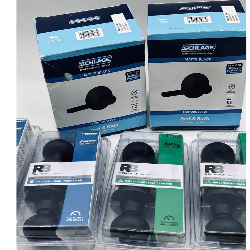Schlage Latitude Lever & Reliabilt Baron Knob 6pk Matte Black Door Hardware Set